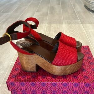 Tory Burch red block heel platform sandals, size 6